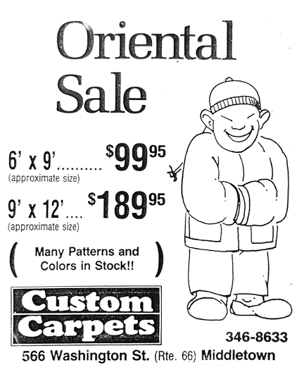 “Oriental Sale” in Middletown,
picturing a slanted-eyed figure in Qing dynasty outfits.