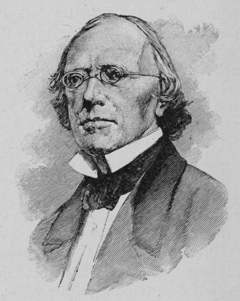 Sketch of theologian and biblical scholar Edward Robinson. The sketch only shows his chest and up in a 19th-century style suit, wearing a black bowtie with his collar up. He is also wearing round and thin wire frame glasses.