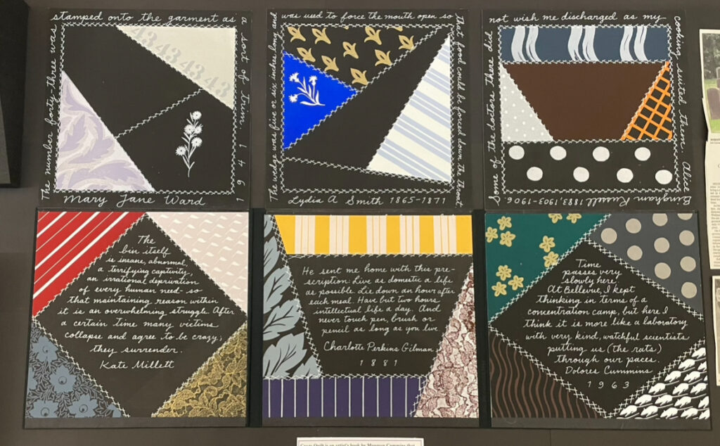 Image of Crazy Quilt by Maureen Cummins. Each piece of the artists book holds a quote from a woman institutionalized for insanity during the 19th and 20th century. 

“Time passes very slowly here. At Bellevue, I kept thinking in terms of a concentration camp, but here I think it is more like a laboratory with very kind, watchful scientists putting us (the rats) through our paces.” ~ Dolores Cummins 1963

"Some of the doctors there did not wish me discharged as my cooking suited them.” ~ Alice Bingham Russell 1883, 1903-1906

“The bin itself is insane, abnormal, a terrifying captivity, and irrational deprivation of every human need - so that maintaining reason within it is an overwhelming struggle. After a certain time many victims collapse and agree to be crazy; they surrender.” ~ Kate Millet

“The wedge was five or six inches long and was used to force the mouth open so that food could be forced down the throat.” ~ Lydia A. Smith 1865-1871

“The number forty-three was stamped onto the garment as a sort of trim.” ~ Mary Jane Ward 1941