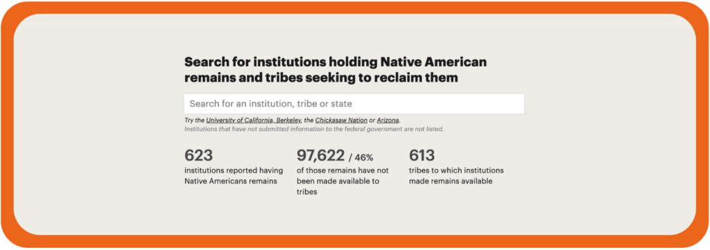 light gray background framed by a burnt orange border with black text that reads"Search for institution holding Native American Remains and tribes Seeking to Reclaim them". below this text is a search bar. below that it says 623 institutions reported having Native American remains. 97,622, 46% of those remains have not been made available to tribes. 613 tribes to which institutions made remains available. 