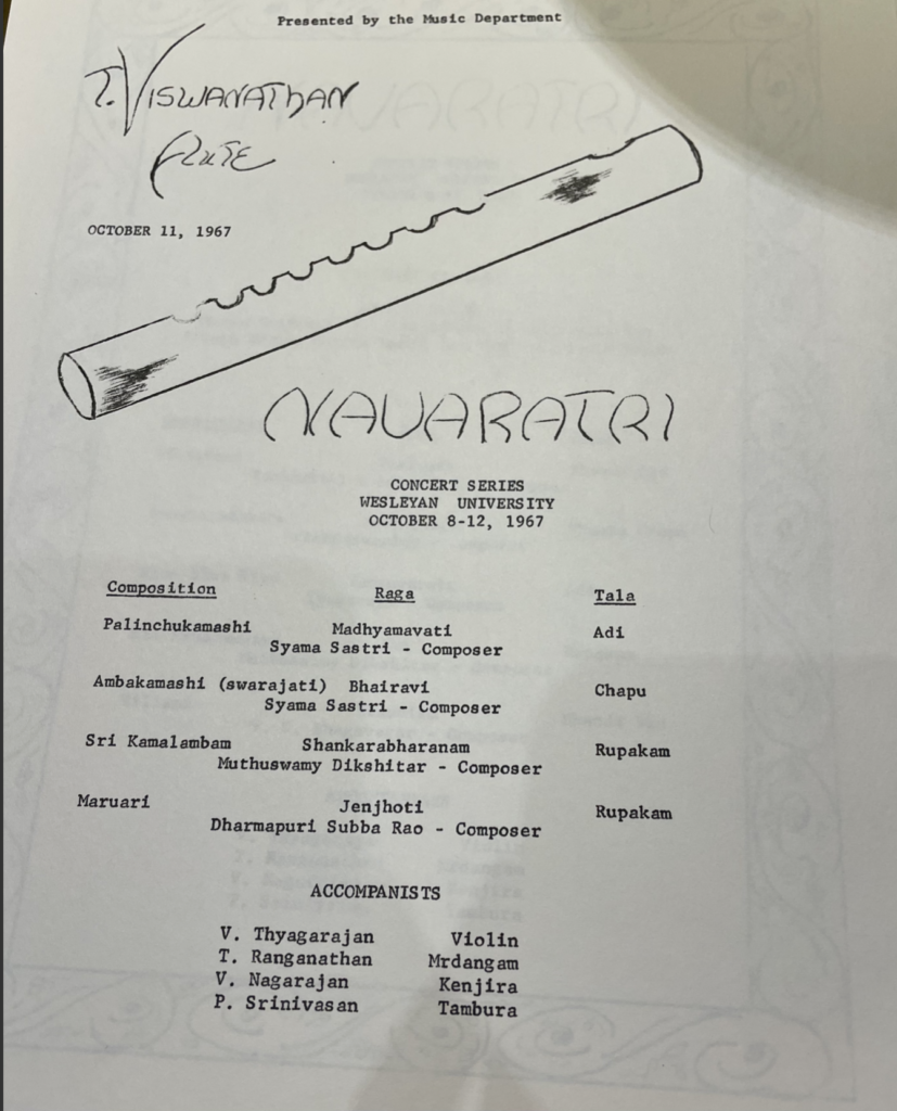 A page of the Navaratri Wesleyan University concert series program from October 8-12, 1967 featuring composition titles and the names of performers.