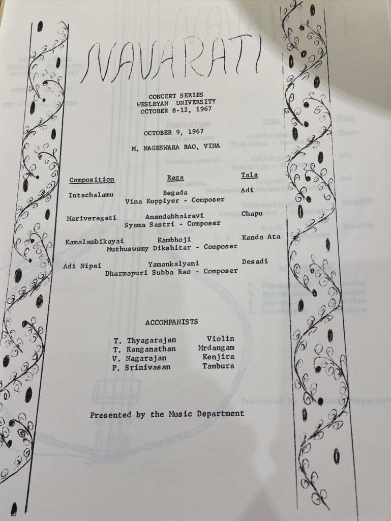 A page of the Navaratri Wesleyan University concert series program from October 8-12, 1967 featuring composition titles and the names of performers.