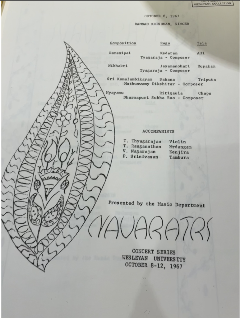 A page of the Navaratri Wesleyan University concert series program from October 8-12, 1967 featuring composition titles and the names of performers.